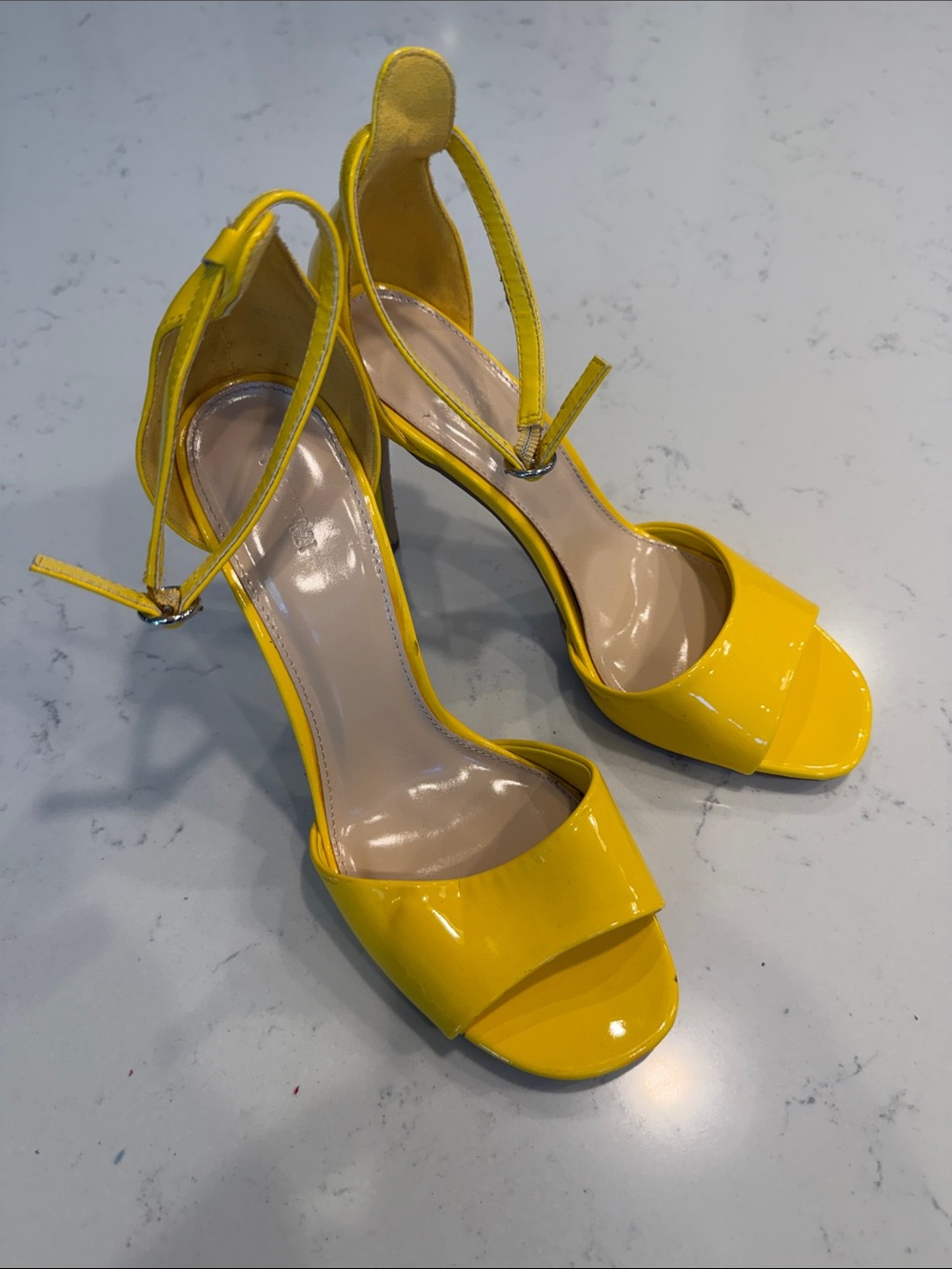 Forever 21 Bright Yellow Patent Open-Toe Ankle Strap Heels